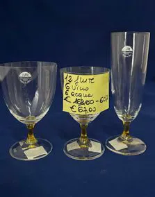 Set calici cristallo IVAT manico giallo,  12 flute, 6 vino, 6 acqua