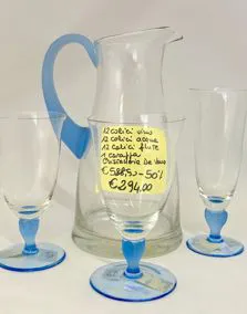 Servizio cristallo De Vence 12 calici vino, 12 acqua, 12 flute, 1 caraffa con decoro azzurro