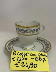Set 6 tazzine con piattino porcellana 