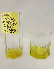 Set bicchieri ottagonali vetro fondo giallo, 6 vino, 12 bibita