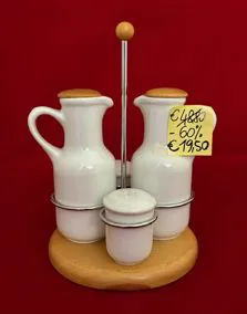 Set condimento olio, aceto, sale, pepe ceramica con supporto in acciaio/legno