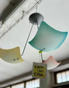 Lampadario a 3 luci vetro azzurro, giallo, rosa, Ø 55cm