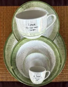 Servizio piatti da 6 persone porcellana con tazzina e tazza colazione, granelli verde